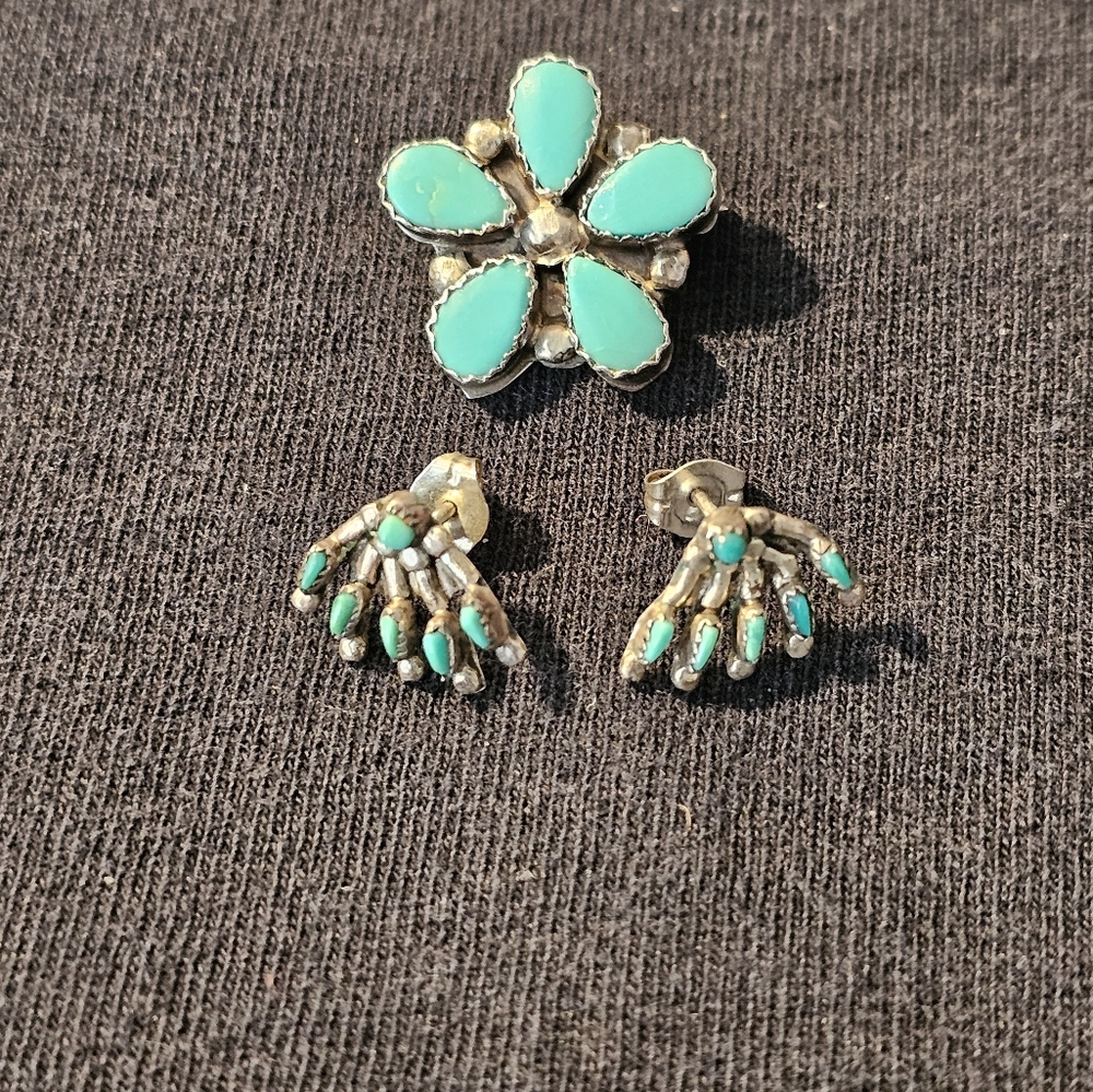 Vintage Silver & Turquoise Flower pin & Earrings